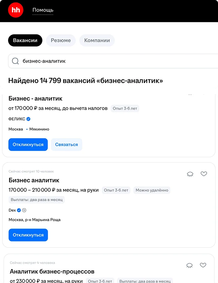 hh.ru — найдено 14 799 вакансий бизнес-аналитика